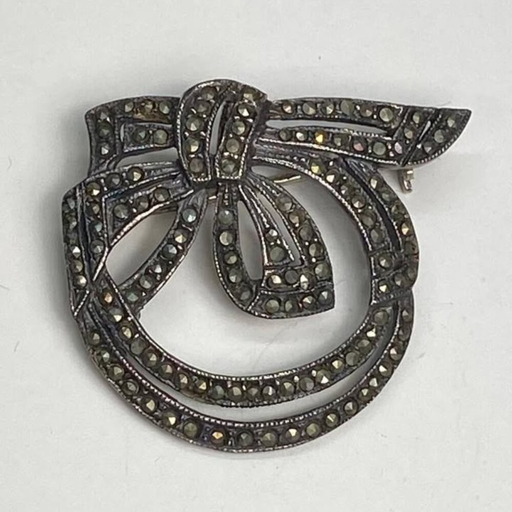 Vintage Creations Sterling Silver 925 Marcasite Bow Brooch / Pin